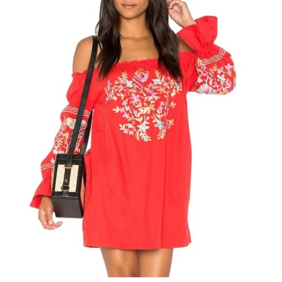 Free People Dresses & Skirts - Free People Embroidered Off Shoulder Puff Sleeves Boho Peasant mini dress XS